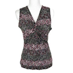 Jaipur Tank Top Women Medium Black Pink Floral Lace Sleeveless V-Neck Casual